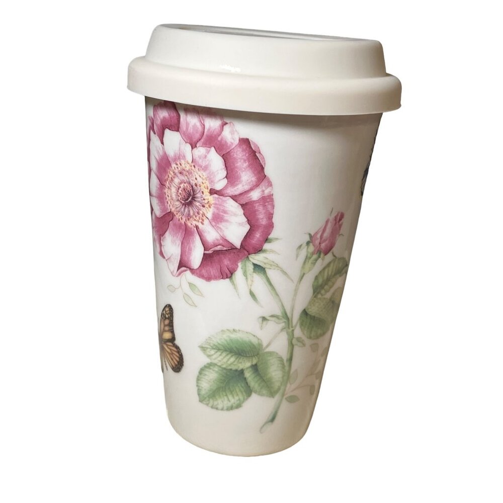Lenox Butterfly Meadow Ceramic Travel Mug Tumbler 10oz Silicone Lid